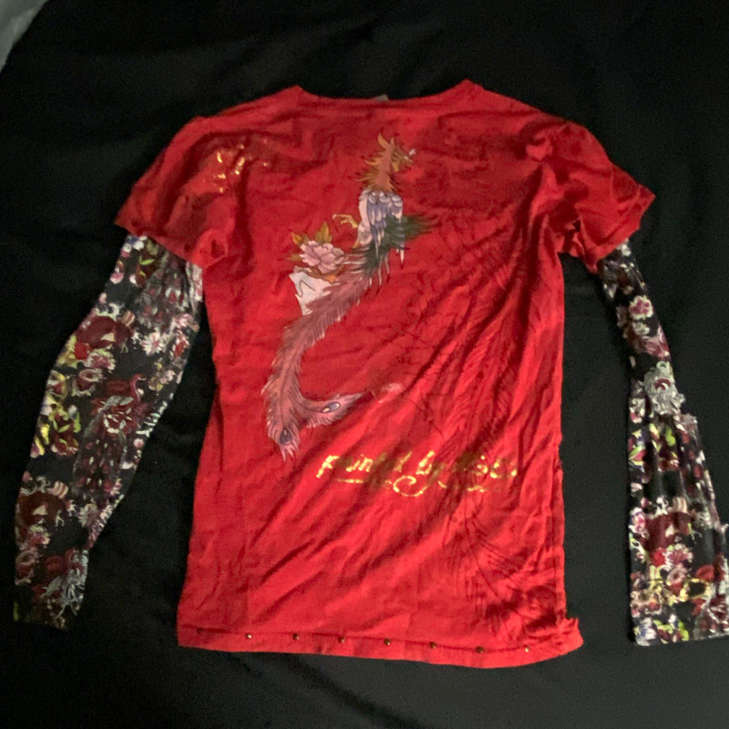 Ed Hardy Women's S Red Multicolor Floral Print Long Sleeve T-Shirt (many holes)