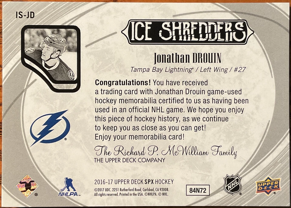 2016-17 SPx Ice Shedders Materials Jonathan Drouin #IS-JD Tampa Bay Lightning - Image 2 of 3