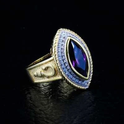 14K Yellow Gold 925 Silver Pastoral's Staff Marquise Amethyst Womens Bishop Ring - Image 1 of 4
