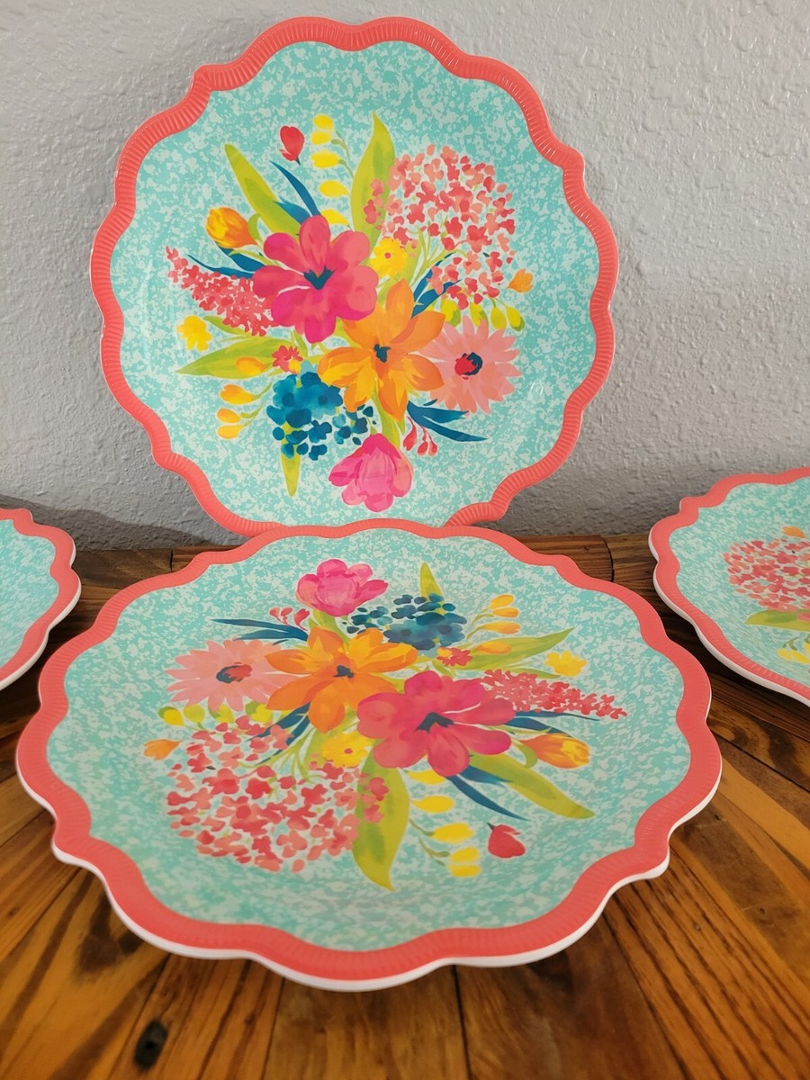 Pioneer Woman 11” Sunny Days Coral Floral Melamine Dinner Plates Set Of
