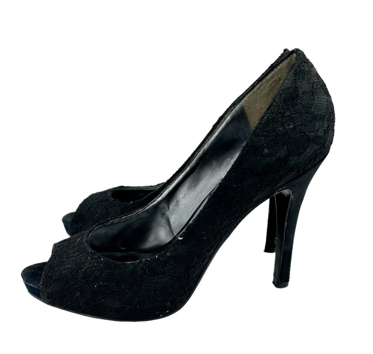 Nine West Black Pumps Peep Toe Platform Heels Lace Upper SZ SH29