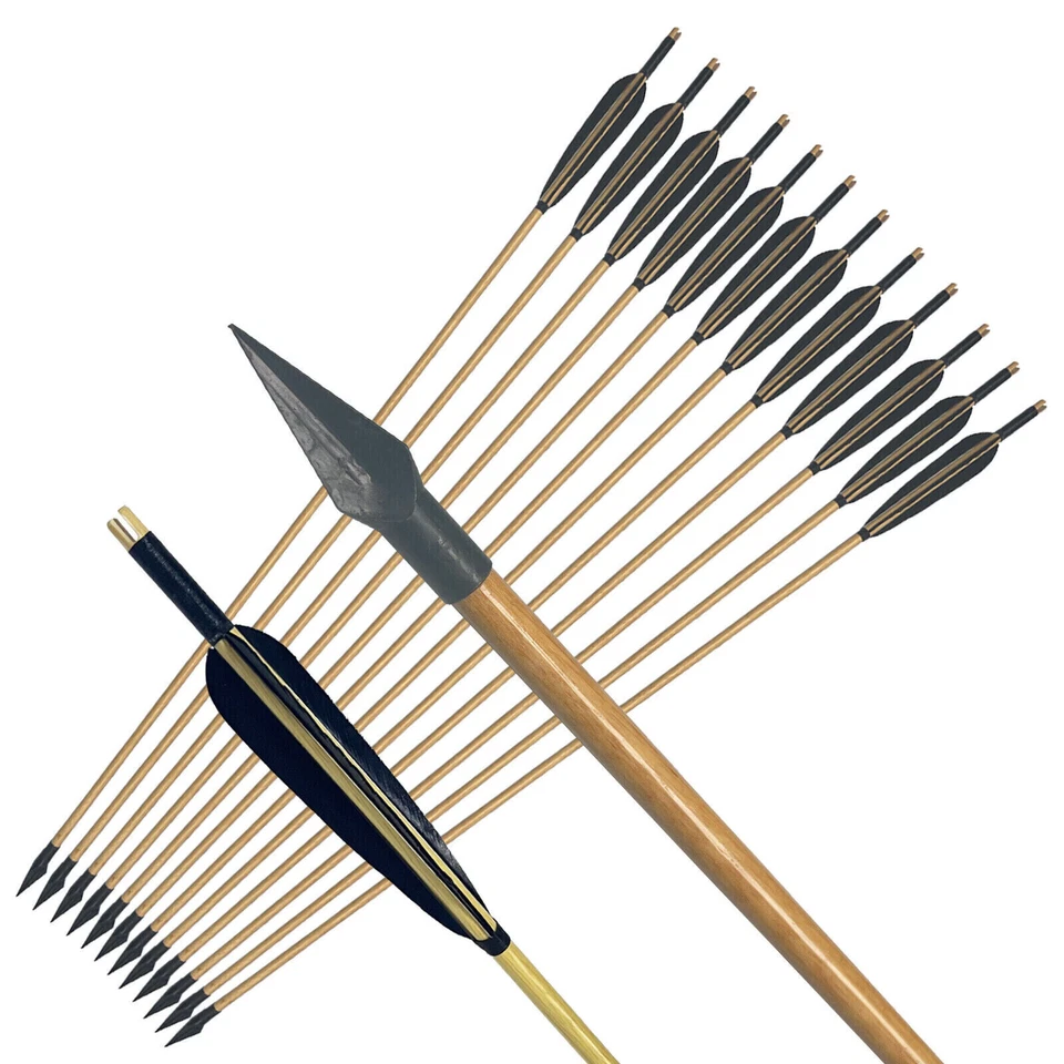 12Pcs Handmade Traditional Hunting 33" Wooden Arrow LongBow With Broadheads Tips - Image 2 of 4