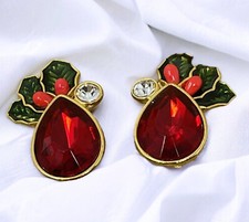 Vintage AVON Christmas Holly Berry Clip On Earrings Red Rhinestone Enamel