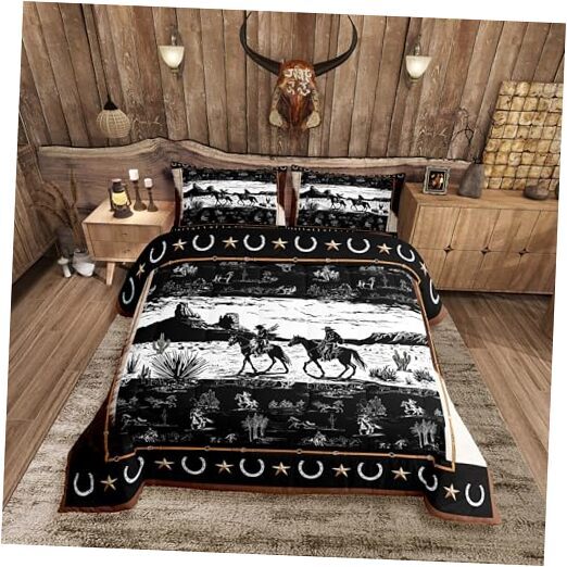 Western Comforter Set Size Horse Cowboy Bedding Set for Boys Men Queen Black