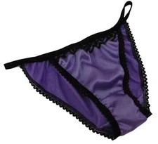 LILAC MAUVE Shiny SATIN black lace mini TANGA string bikini brief SIZES XS-XXL 