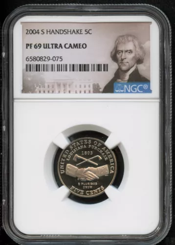 NGC - Jefferson Nickel - 5c - 2004 S Handshake - PF 69 UCAM - ULTRA CAMEO