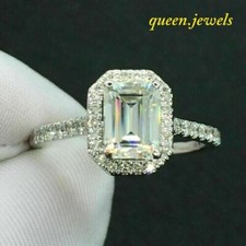 Lab-Created 2.57CT Emerald Cut VVS1 Diamond Halo Wedding Ring 14K White Gold FN