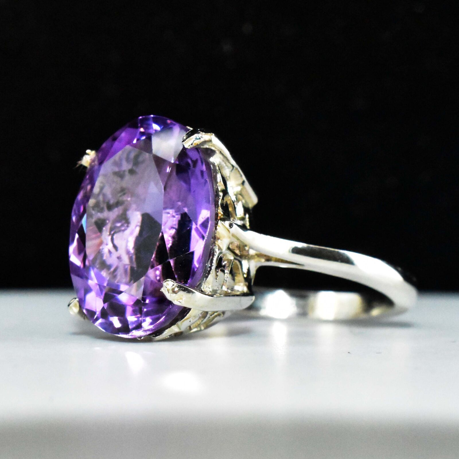 Bague Surélevée En Argent Massif 925 Avec Améthyste Naturelle 19 Carats - Taille Réglable, Fait Main En France