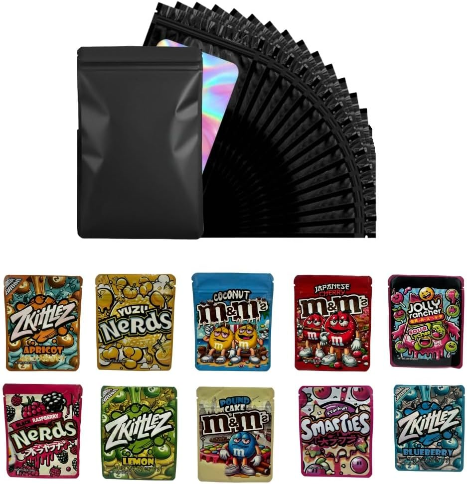 100Pcs 3.5G Mylar Bags with Cartoon Print, 5x4 Inch Resealable Laser Bags