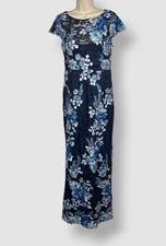 Adrianna Papell Women's Blue Bateau-Neck Lace Gown Dress Size 4