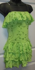 LATIN BALLROOM SALSA RHUMBA DRESS RUFFLES LIME GREEN GLITTERED LADIES XSM/SM