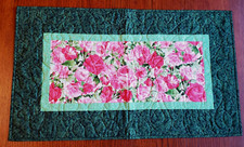 NEW Red  Pink Roses Quilted Table Runner 18" x 28" Green Leaves Table Topper
