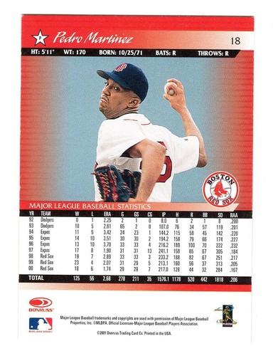 2001 Donruss - Pedro Martinez #18 - Boston Red Sox HOF - Picture 2 of 2