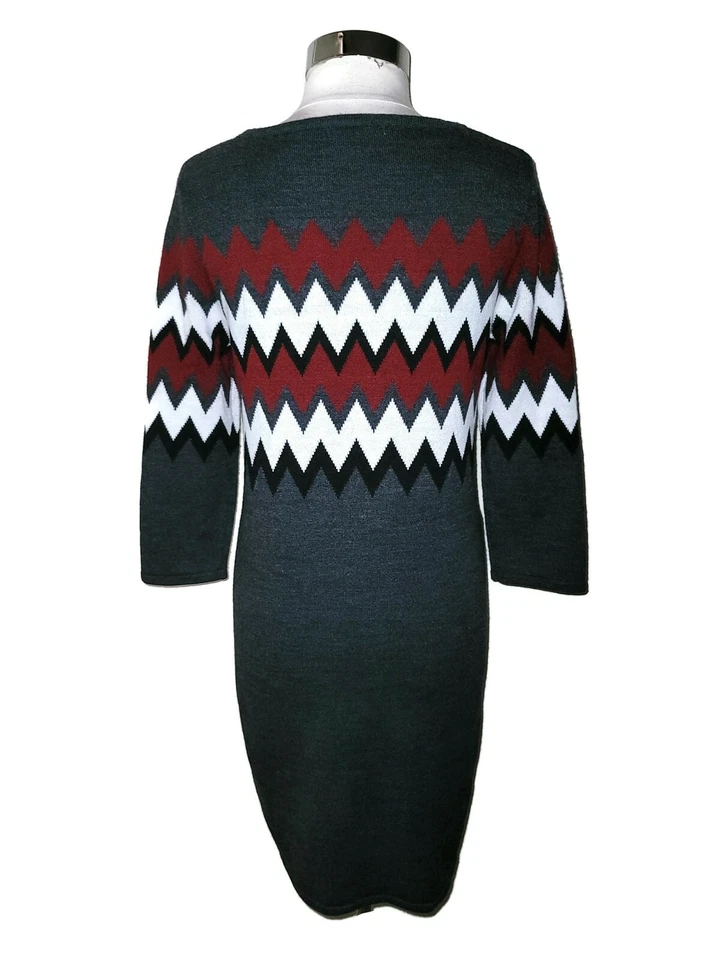 Vestido Suéter SANDRA DARREN Talla L Gris Blanco Borgoña Zig Zag Manga 3/4 Foto 3 de 4