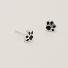 925 Sterling Silver Dog Paw Prints Black Enamel Stud Earrings 8mm Gift Box B41