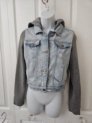 Hollister Jean Jacket Womens S Distressed Denim Hoodie Gray Cotton Hood  Sleeves