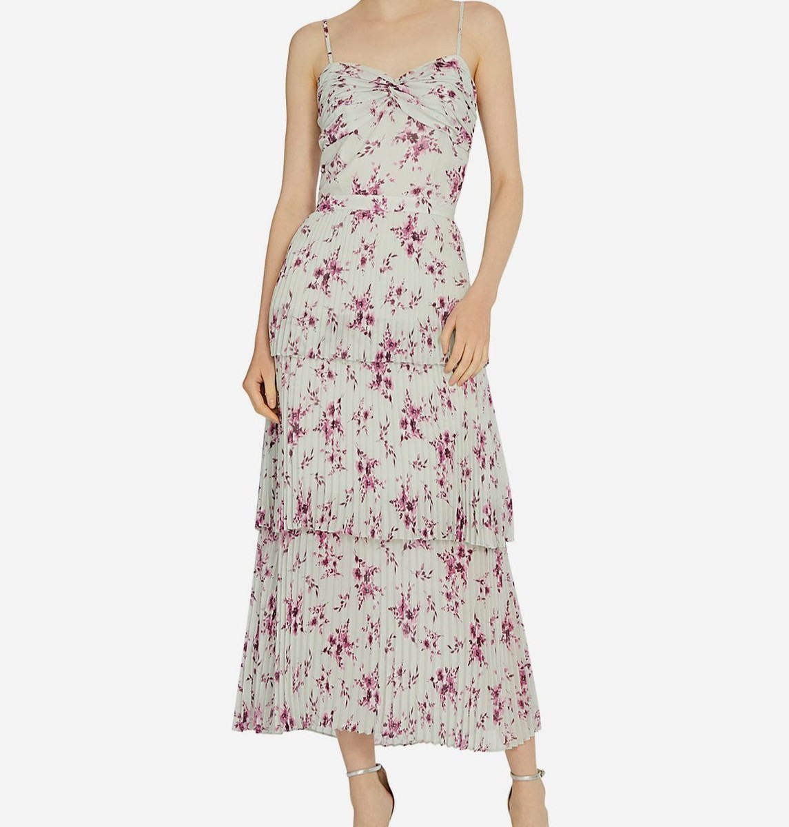 $595 Monique Lhuillier Women's Green Floral Tiered Pleat Midi Dress Size 2  | eBay
