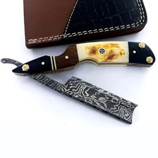 Damascus Steel Straight Edge Razor Barber Salon Shaving Wet Shave Real Leather S