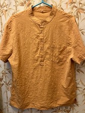 Mandarin Collar Pull Over Mens Shirt XL Solid Color Gold Brown Short Sleeve