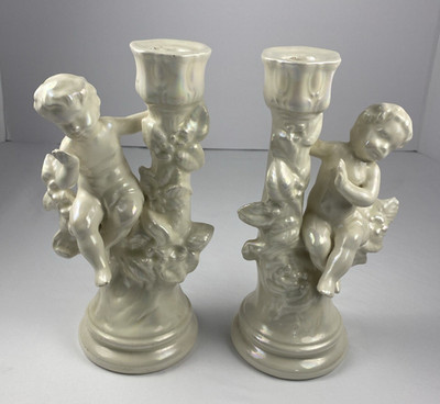 VTG 1976 Signed Studio Pottery Iridescent Cherub Angel Candle Holders 10.5''H