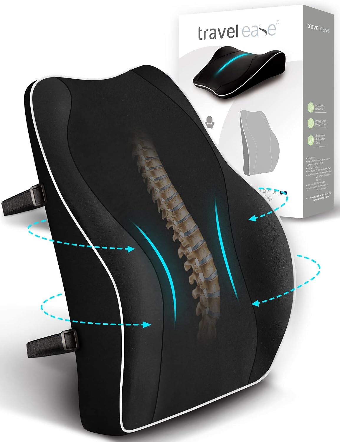 Travel Ease Ergonomic Lumbar Support Cushion, 43 x 40 x 11 cm, Black