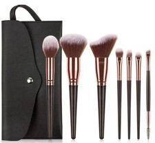 7pc Makeup Brush Set with Travel Case Rose Gold Synthetic Powder Foundation New