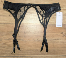 BNWT M S Black Sheer Embroidered Suspender Belt UK 12