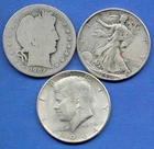 THREE HALF DOLLARS, BARBER; WALKING LIBERTY & KENNEDY (1902-1964)!!!