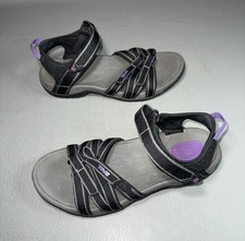 Sandalias de senderismo Teva Tirra para mujer talla 9 negras púrpuras punta abierta con tiras 4266