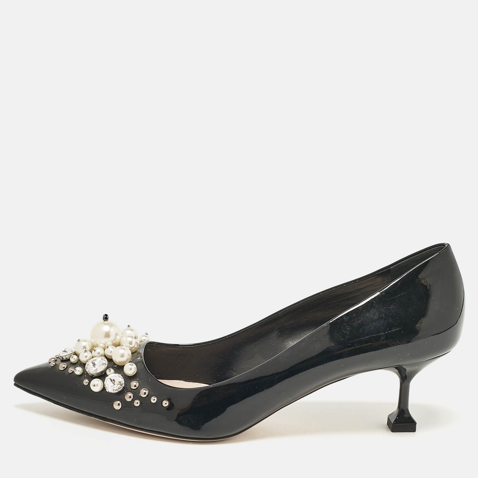 Miu Miu Black Patent Crystal Pearl Embellished Pointed Toe Pumps Size 39