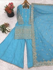 Exclusive Look Vichitra Silk Top Palazzo Sky Blue Dupatta For Indian Party Wear