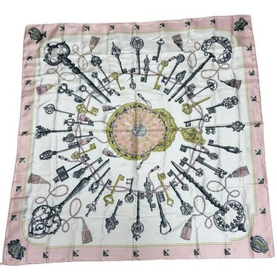 HERMES Les Cles Carre 90 Scarf Pink 100% Silk Key Print Designer Vintage Auth