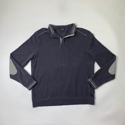 Hugo Boss Sweater Mens XL Extra Large Navy Cotton Grey Elbow Patch