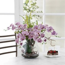Faux Phalaenopsis Orchid  Foliage Arrangement in Realistic Water Glass Vase