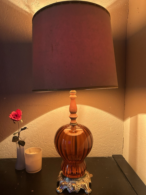 Amber Glass Table Lamp w/ Ornate Metal Base, Drum Shade, Corded Wall Switch