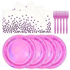 72Pcs Iridescent Pink Plates and Napkins Party Supplies, Hot Pink Holographic...