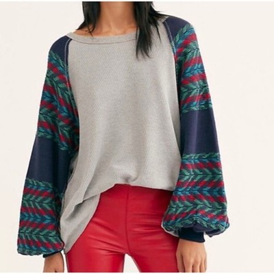 We The Free Free People Grey Waffle Knit Chevron Dolman Sleeve Top Medium 1319