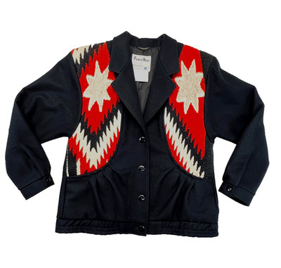 Vtg Pioneer Wear Wool Jacket Womens Size 12 Black Aztec Star Gold Collection USA