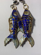 Articulated cloisonne fish earrings 2.25 inch long fish 3" earrings Blue gold