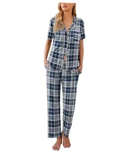  Women Pajamas Set Button Down Sleepwear Short Large Navy Blue Black Plaid