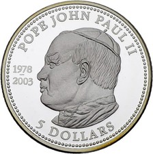 PRAGER: Liberia, 5 Dollars 2003, Papst Johannes Paul II., Silber [1292]#k
