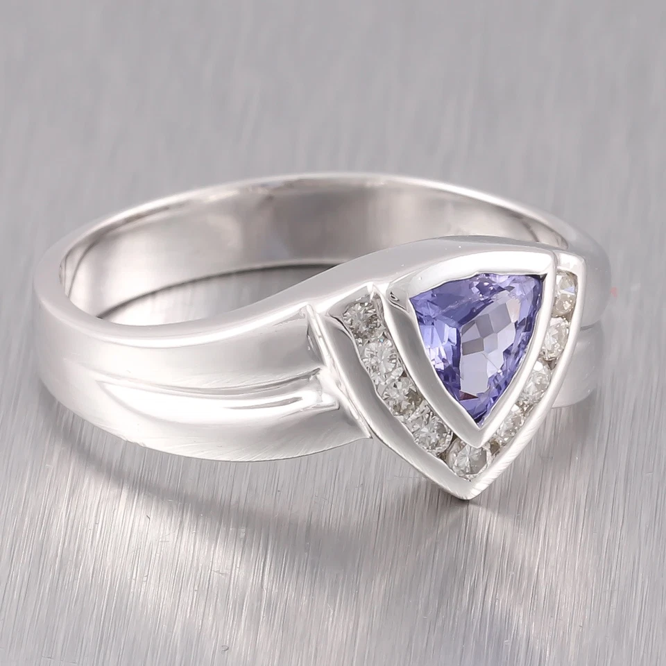 Anillo de tanzanita vintage Estate de oro blanco macizo de 14 k corte trillón de diamantes 0,10 ctw Foto 3 de 4