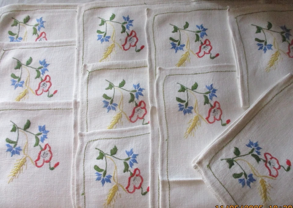 TEXTILE ANCIEN  LINGE DE TABLE 10 SERVIETTES  LIN ET CHANVRE BRODERIE BOUQUET BE - Photo 3/4
