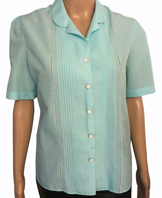 vtg Southern Lady Turquoise Button Blouse Sz 15/16 Short Sleeve 70s 80s