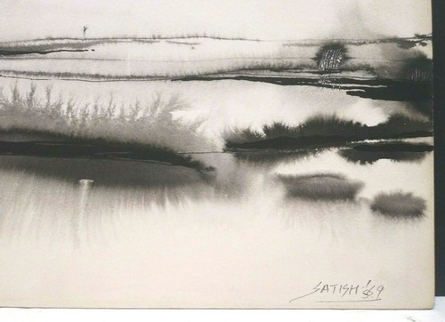 1969 LISTED INDIAN SATISH JOSHI Sd ORIGINAL MONOCHROMATIC WATERCOLOR on BOARD - Picture 8 of 9