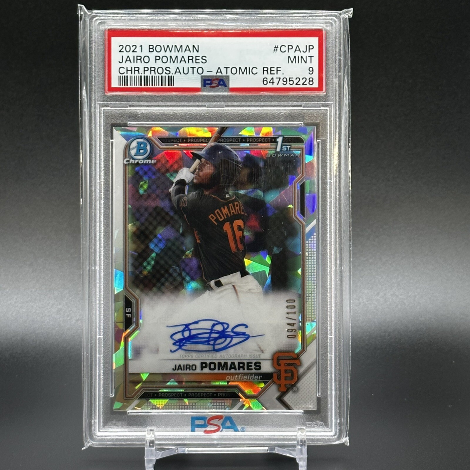 2021 Bowman Chrome Jairo Pomares Atomic Auto #d /100 #CPA-JP PSA 9 GIANTS 1st RC
