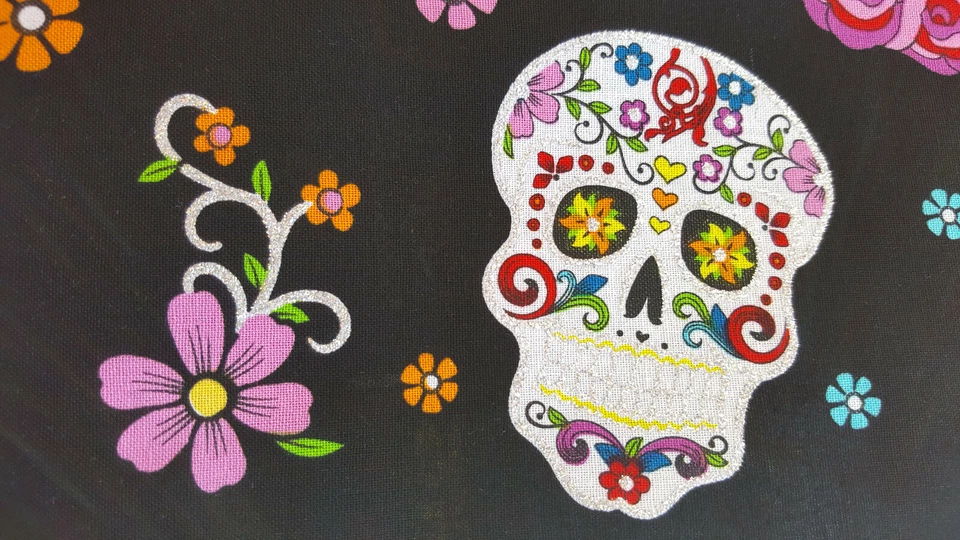 DAY OF DEAD GLITTER SUGAR SKULL BLACK COTTON FABRIC By Yard SPARROW ROSES GOTH - Image 4 of 4