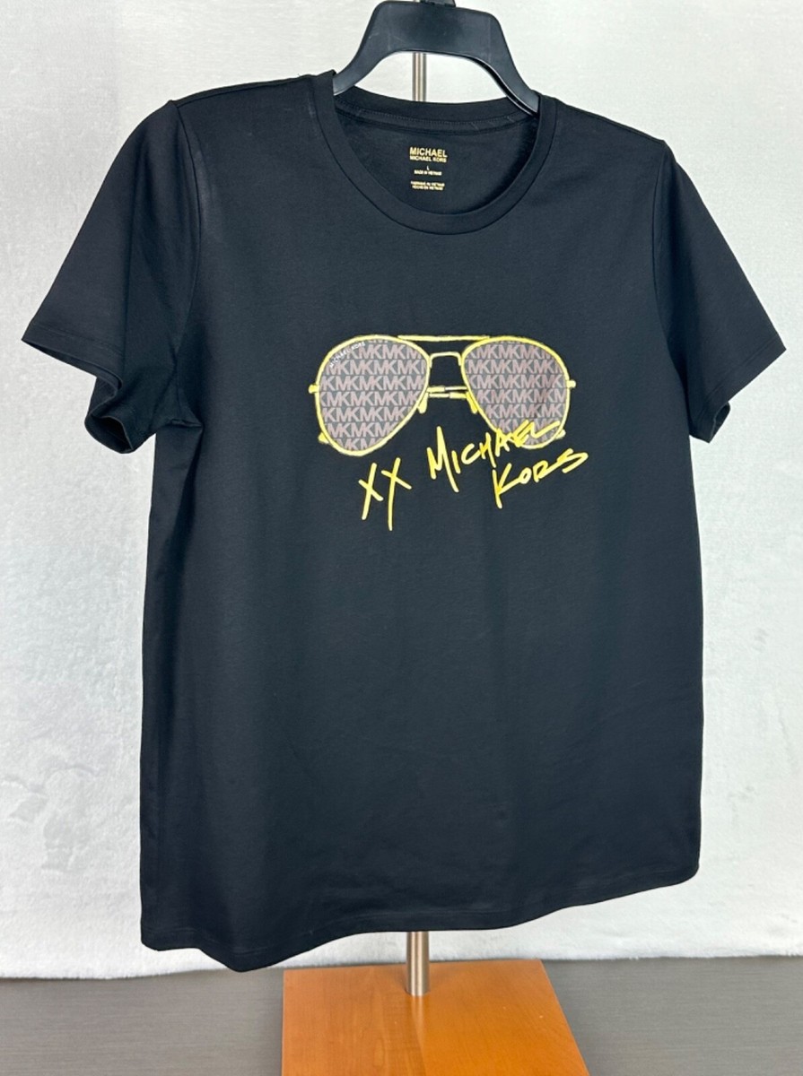 Michael Kors Women's Black Logo Aviator Print T-Shirt Short