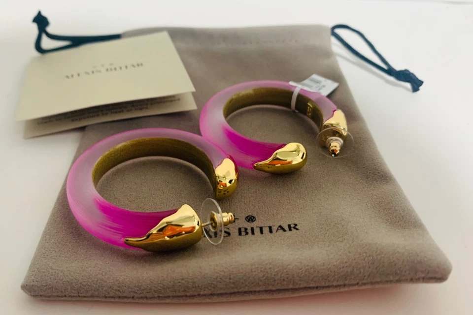 BRINCOS DE ARGOLA ALEXIS BITTAR LUMINOS ROXO LUCITE MERGULHADO OURO DECLARAÇÃO 2" NOVO - Imagem 3 de 4