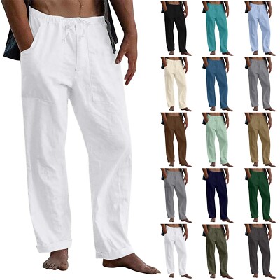 Mens Cotton Linen Loose Pants Casual Drawstring Beach Yoga Baggy Long Trousers